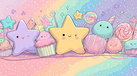 This delightful illustration features cute stars and various sweet treats set against a vibrant rainbow background, perfect for joyful themes and children's decor.の素材