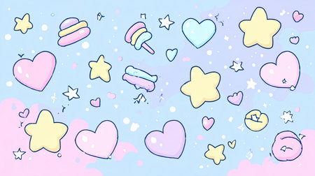 This delightful illustration features playful pastel hearts, stars, and sweet treats against a soft background, creating a cheerful and whimsical atmosphere.の素材