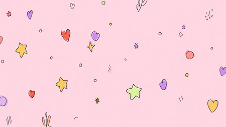 This image features a vibrant pink background filled with playful hearts and stars. The hand-drawn style adds a whimsical touch, perfect for creative projects.の素材