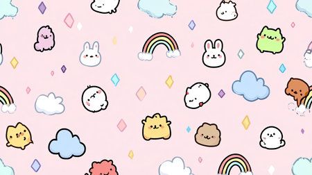 Whimsical design featuring a colorful arrangement of cute animals, rainbows, and fluffy clouds on a soft pink background, perfect for playful projects.の素材