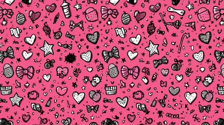 This vibrant pink background features a hand-drawn pattern of sweets, bows, hearts, and stars, perfect for fun and playful design projects.の素材