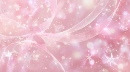 This enchanting soft pink background features sparkling stars and flowing ribbons, perfect for elegant designs, celebrations, or artistic projects.の素材