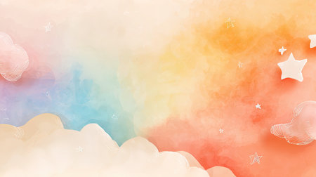 Soft watercolor background featuring gentle hues of orange, pink, and blue, adorned with clouds and stars, perfect for artistic and creative designs.の素材
