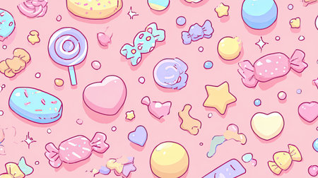 A vibrant and playful background featuring an array of colorful candies and sweet treats. The design incorporates hearts, stars, and whimsical shapes, ideal for cheerful projects.の素材