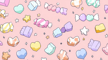 This vibrant background features an assortment of colorful candies and sweet treats scattered playfully across a soft pink surface, perfect for creative projects.の素材