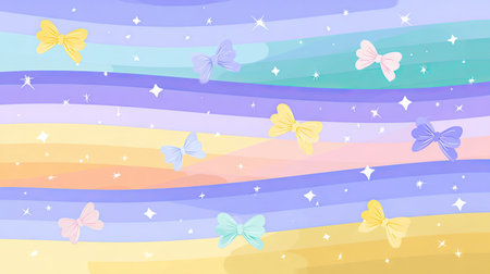 This vibrant and whimsical background features soft pastel shades with bows and stars. Ideal for creative projects, invitations, or digital designs.の素材