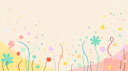 Discover a vibrant abstract floral pattern featuring whimsical design elements against a soft pastel background. Perfect for creative projects.の素材