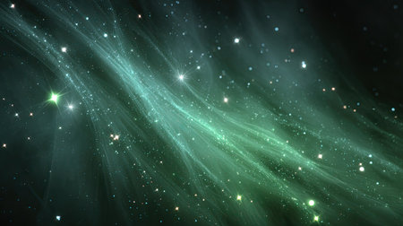 A stunning depiction of an ethereal green galaxy, featuring shimmering stars and light trails against a dark space backdrop, creating a magical atmosphere.の素材