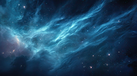 A breathtaking cosmic scene showcasing an ethereal blue nebula swirling through the dark universe, filled with distant twinkling stars, evoking a sense of wonder.の素材
