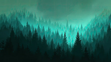 This captivating misty forest image features a dense array of pine trees shrouded in ethereal fog, evoking a sense of tranquility and adventure.の素材