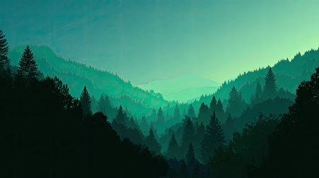 This enchanting landscape features a misty mountain range surrounded by vibrant green forests. Soft morning light creates a serene and peaceful atmosphere, perfect for nature lovers.の素材