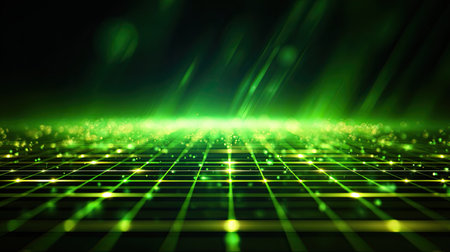 This mesmerizing abstract image showcases a vibrant green digital landscape with a glowing grid pattern and radiant light beams, evoking a sense of futuristic beauty and technology.の素材