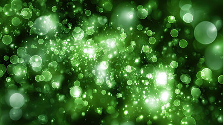 This captivating abstract background showcases a blend of green bokeh elements with soft lights, creating a vibrant and luminous atmosphere.の素材