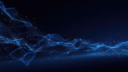 An abstract representation of blue digital waves flowing through a dark background, enhanced with shimmering particles. This futuristic visual conveys themes of technology, innovation, and creativity, making it ideal for projects focused on digital aesthetics and advanced concepts.の素材