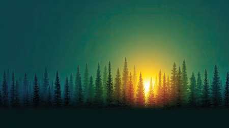 A captivating digital illustration of a serene sunrise illuminating a dense evergreen forest, creating a harmonious blend of colors in the sky.の素材