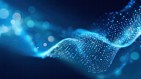 This image features an abstract representation of a digital wave, showcasing glowing particles with a bokeh effect against a deep blue background. Vibrant and dynamic, it evokes feelings of technology and innovation, making it suitable for various design projects.の素材