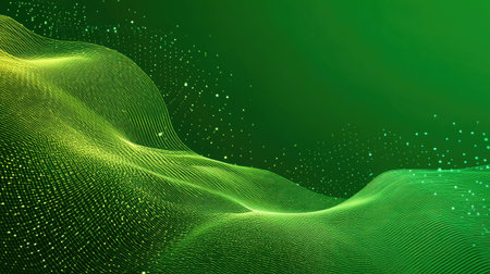 This abstract green wave background features a smooth gradient and delicate particle flow, ideal for digital designs, technology themes, and artistic projects.の素材