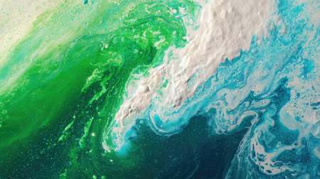 This stunning abstract image captures the beauty of ocean waves in vibrant greens and blues, accented with white foam for a fresh and dynamic look.の素材