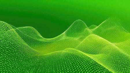 This stunning abstract image features flowing green digital waves with a bright neon effect, perfect for modern backgrounds or design projects.の素材