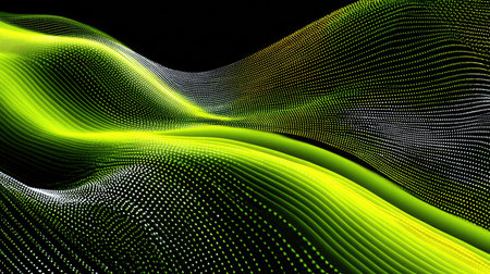 This abstract digital background features flowing lines and illuminated particles in vibrant green and deep black, creating a captivating modern aesthetic. Perfect for creative projects.の素材