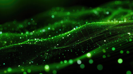 This visually stunning graphic features abstract green waves adorned with glowing particles, creating a sense of motion and energy, perfect for various design projects.の素材