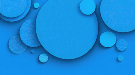 This abstract image features a collection of blue circles in various sizes and textures on a solid blue background, ideal for creative projects and designs.の素材