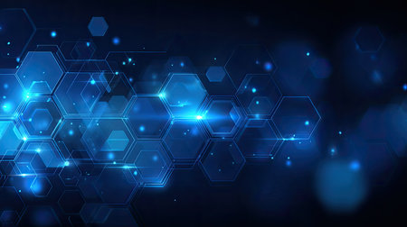 Modern abstract background featuring a seamless pattern of blue hexagons with glowing elements, perfect for technology-themed projects and designs.の素材