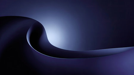 This captivating abstract image features a flowing wave of dark blue and black tones, illuminated by a soft glow, creating a serene and elegant atmosphere.の素材