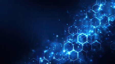 A stunning blue abstract background featuring glowing hexagons and sparkling lights, ideal for technology, science, and modern design projects.の素材