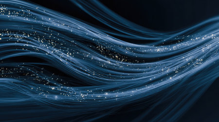 This stunning abstract digital art piece features flowing light trails and glowing particles shimmering against a dark backdrop, creating a serene and enchanting visual.の素材