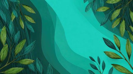 This artistic background features vibrant green leaves set against a smooth turquoise backdrop, creating a tranquil and refreshing visual. Ideal for design projects.の素材