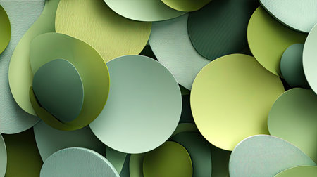 A stunning abstract arrangement of green circles featuring varying shades and textures, perfect for backgrounds or modern design projects to inspire creativity.の素材