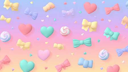 A vibrant pastel background featuring playful hearts, bows, and sweets creates a whimsical atmosphere ideal for various design projects and celebrations.の素材