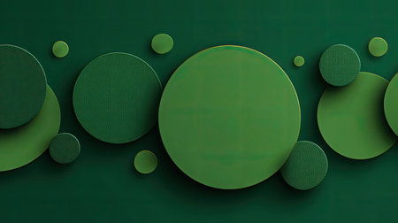 This image features an abstract arrangement of green circles on a dark green background, creating a visually appealing design. Ideal for modern aesthetics.の素材