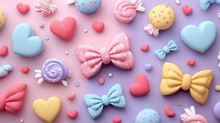 A vibrant background featuring an array of playful candy shapes and adorable bows in soft pastel colors. Perfect for whimsical design projects.の素材