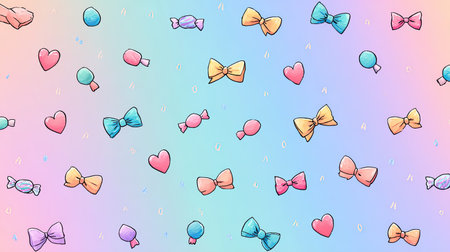 This whimsical illustration features a delightful pattern of candy, bows, and hearts against a soft gradient background, perfect for cheerful design projects.の素材