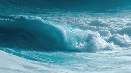 A stunning image of a powerful ocean wave crashing onto the shore, showcasing vibrant turquoise water and dramatic white foam, captured under a bright blue sky.の素材