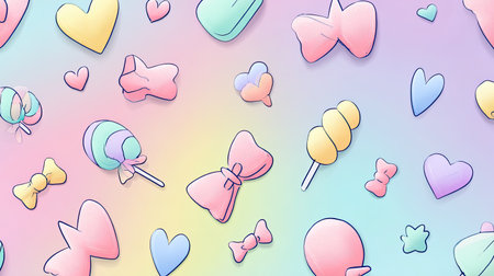 A delightful and colorful pattern featuring hearts, bows, and candy in soft pastel shades on a whimsical rainbow background, perfect for playful designs.の素材