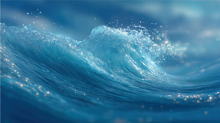 This captivating image showcases a dynamic ocean wave breaking beneath a clear sky. The vibrant blue hues, sparkling water droplets, and gentle foam create a scene of tranquil beauty, perfect for nature-themed projects.の素材