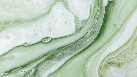 Explore a captivating abstract texture featuring flowing green and white marble swirls. Perfect for backgrounds, elegant designs, or artistic projects.の素材