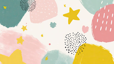 This vibrant abstract design showcases a mix of colorful pastel shapes and playful stars, ideal for creative projects, backgrounds, and modern artwork.の素材