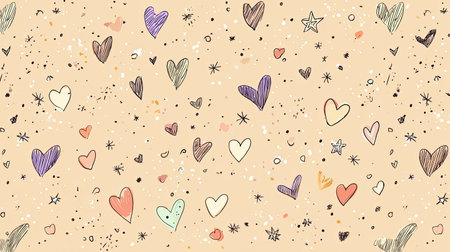 A charming illustration featuring a playful mix of hand-drawn hearts and stars on a soft beige background, perfect for romantic or joyful projects.の素材