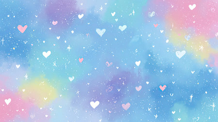 This vibrant watercolor background features a dreamy blend of pastel colors with whimsical hearts and stars scattered throughout, perfect for creative projects.の素材