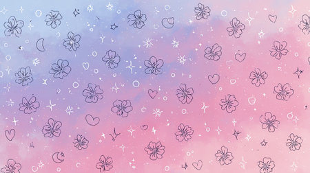 This beautiful abstract floral pattern features hand-drawn flowers, stars, and hearts on a soft pastel background, perfect for creative projects or decor.の素材