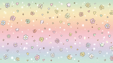 This enchanting floral pattern showcases hand-drawn flowers and hearts against a soft pastel gradient background, evoking a whimsical and dreamy atmosphere.の素材
