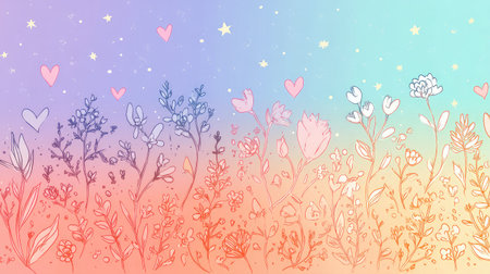 This vibrant floral illustration features a gradient background with whimsical flowers and hearts, perfect for creative projects, prints, or wallpapers.の素材