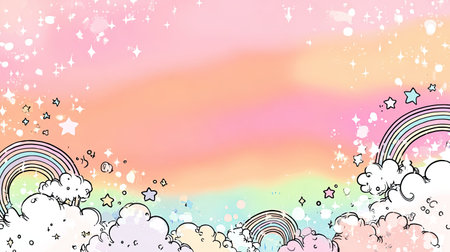 This captivating image features a whimsical pastel landscape with fluffy clouds, vibrant rainbows, and sparkling stars set against a dreamy background. Perfect for creative projects!の素材