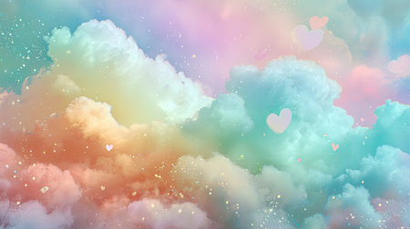This captivating image features soft pastel clouds in a dreamy sky filled with gentle hues and whimsical heart shapes, creating a serene and romantic atmosphere.の素材