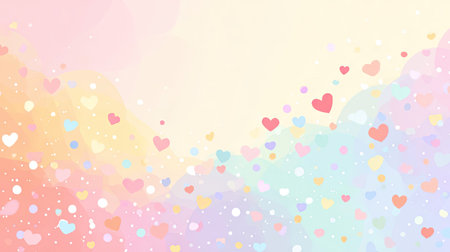 A soft pastel abstract background featuring colorful floating hearts and a dreamy bokeh effect, perfect for romantic designs, celebrations, and joyful themes.の素材