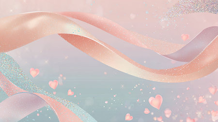 A mesmerizing composition featuring flowing ribbons and hearts with sparkling particles on a soft pastel background, perfect for romantic and festive themes.の素材